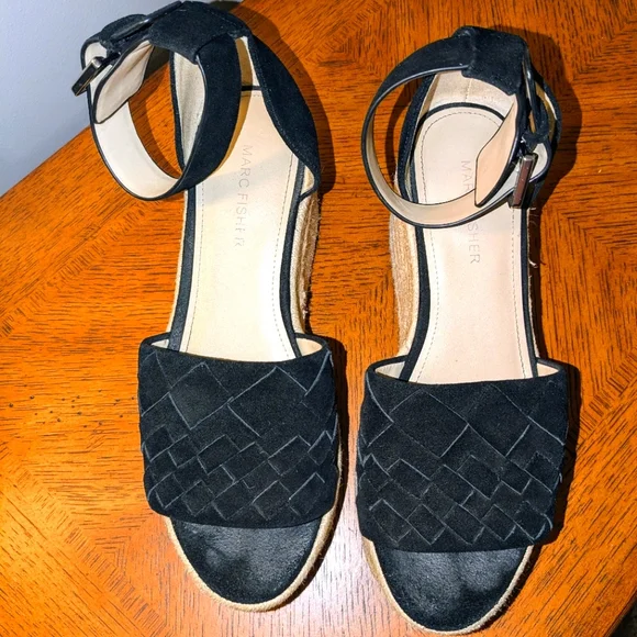 MARC FISHER VARIN Espadrille Wedge Platform Black Leather Suede Sandals  Sz 8M - Picture 8 of 14